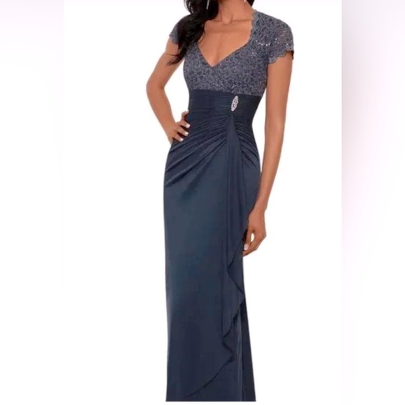 Betsy & Adam Sequined Scalloped Navy Blue Dress 16 Formal Gown Mother of Bride